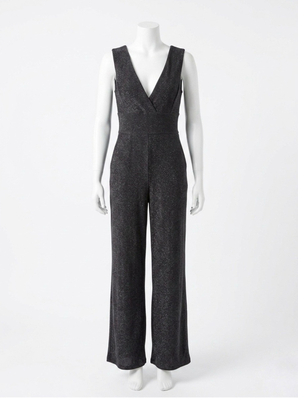 BCBGeneration Metallic Charcoal Deep V Wide-Leg Jumpsuit